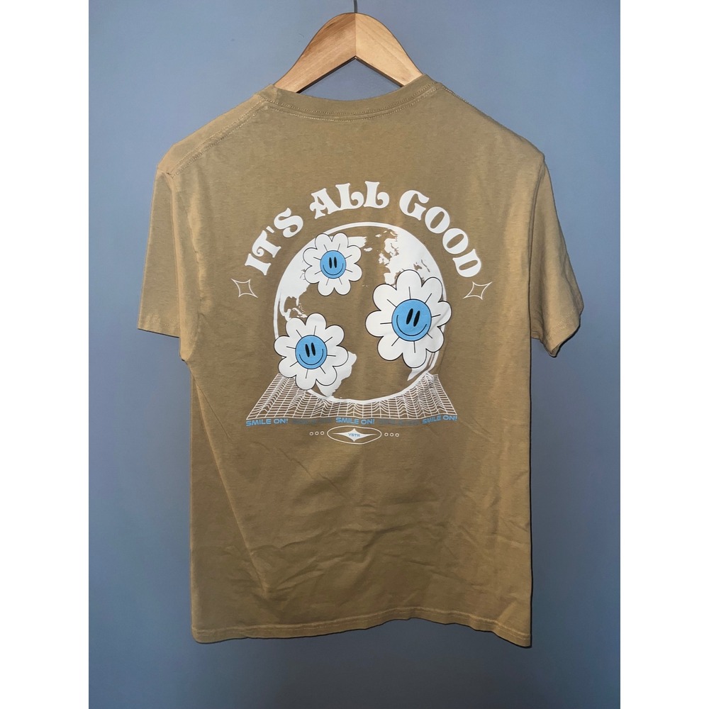 VSTR Mens Its All Good Graphic T-Shirt Tan Cotton Smile On Flower Medium